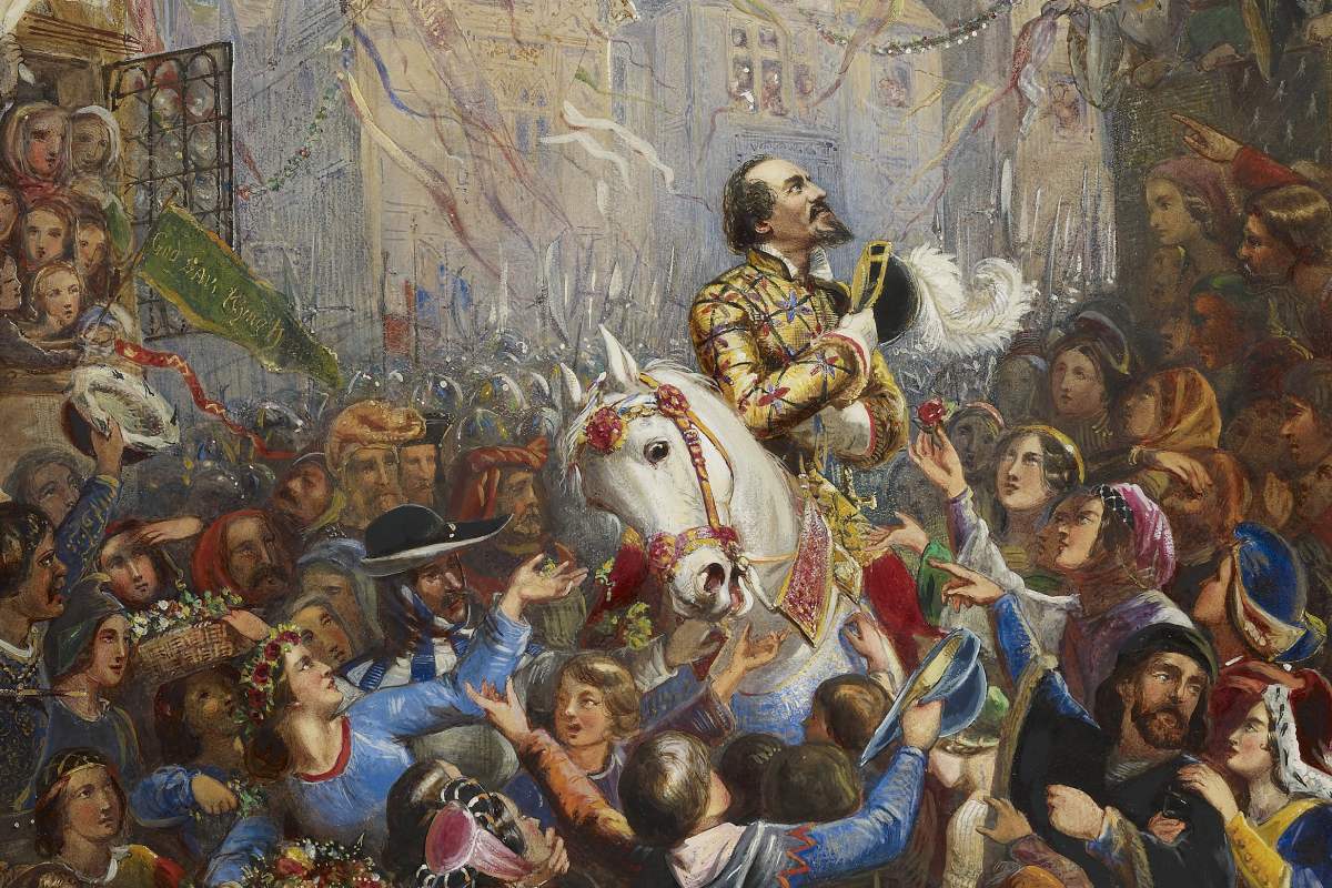 A vibrant historical painting of a regal figure on a white horse, surrounded by a lively crowd offering flowers and cheering in celebration.